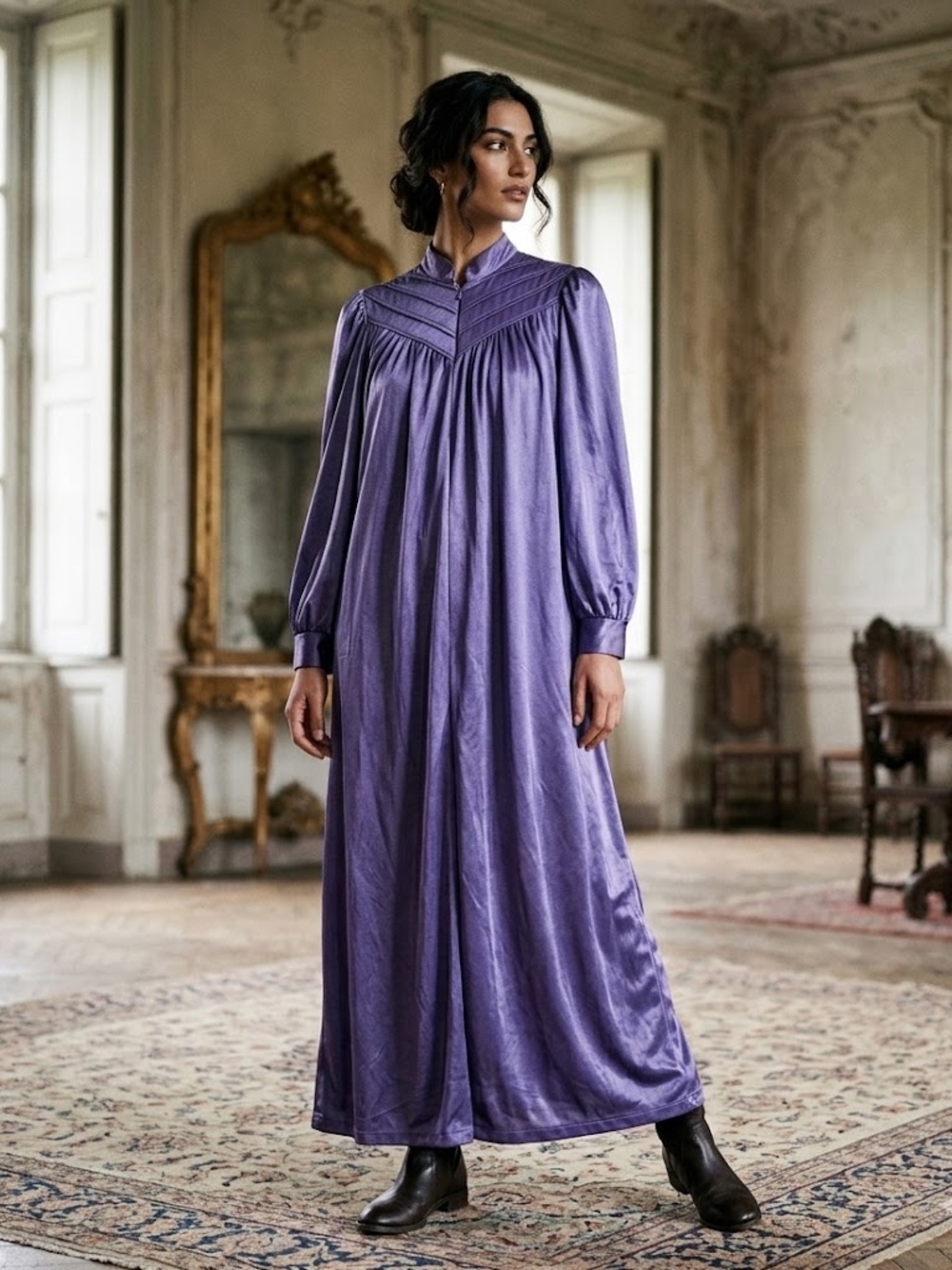 Vintage 70s Hollywood MuuMuu House Dress Satin Lavender Purple Chevron Maxi S